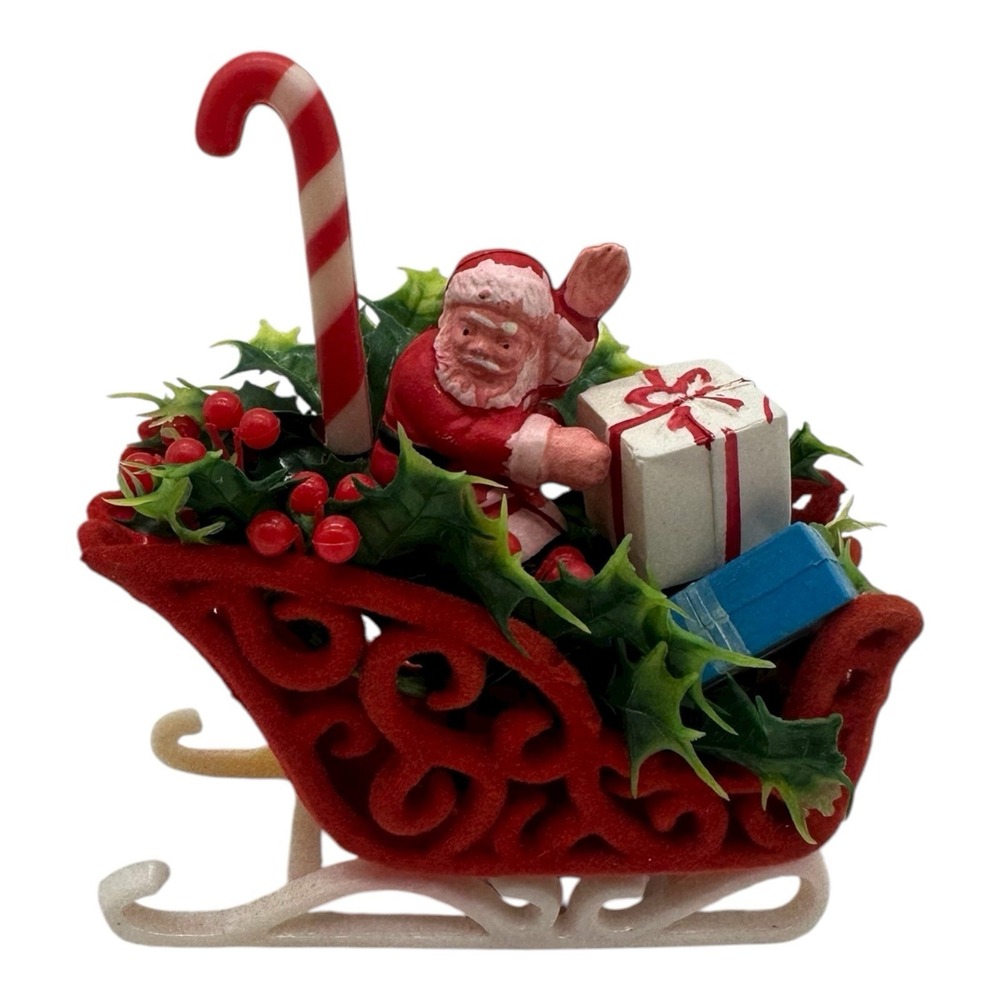 Vintage Santa Claus Red Flocked Sleigh Christmas Plastic Figurine 5" Tall
